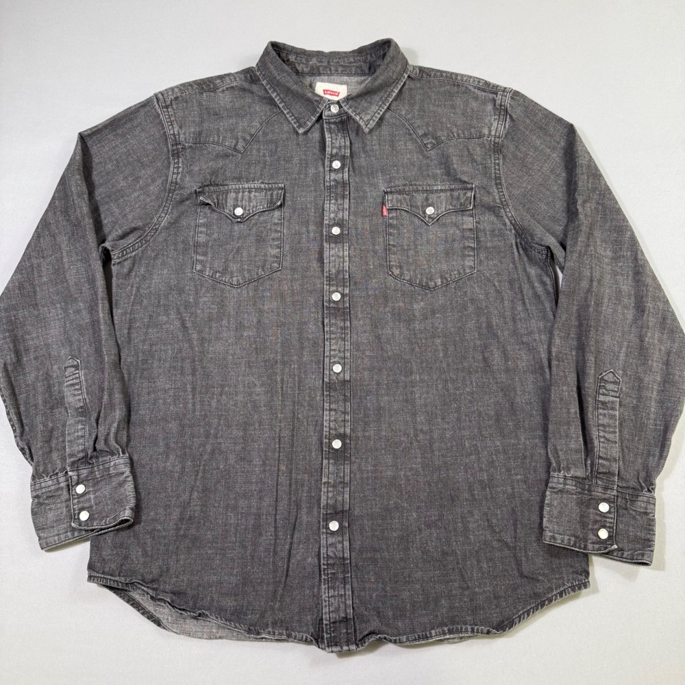 Levi's Denim Pearl Snap Western Shirt Mens XL Gray Long Sleeve Cowboy Rodeo EUC